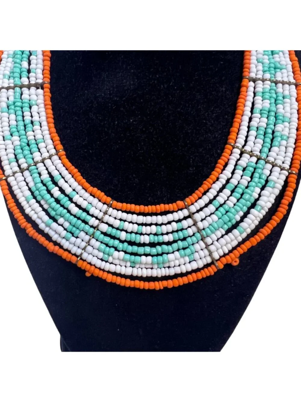 Orange, White and Blue Beaded Tribal Inspired Collar Necklace (6403) - Picture 3 of 6